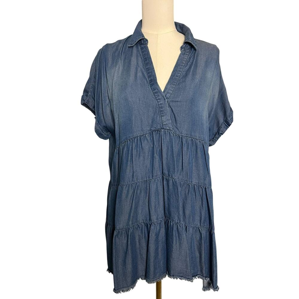 Cato Chambray Tiered Tunic Dress Large Denim Look Frayed Hem Boho Casual